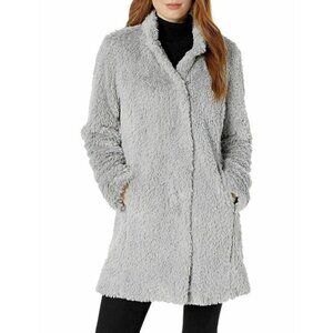 New Kenneth Cole Soft Shaggy Faux Fur Snap Button Long Coat Light Silver Medium